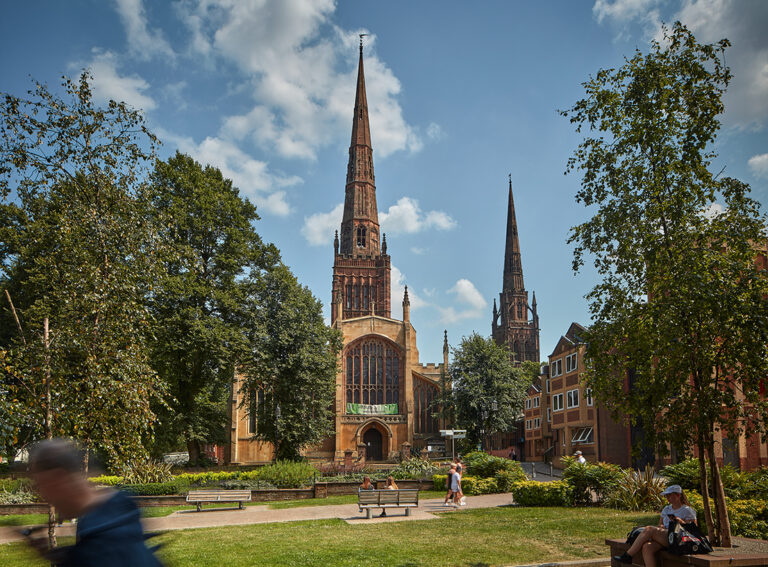 The historic landmark of Coventry Cathedral in the city centre, a short walk from ONE FRIARGATE