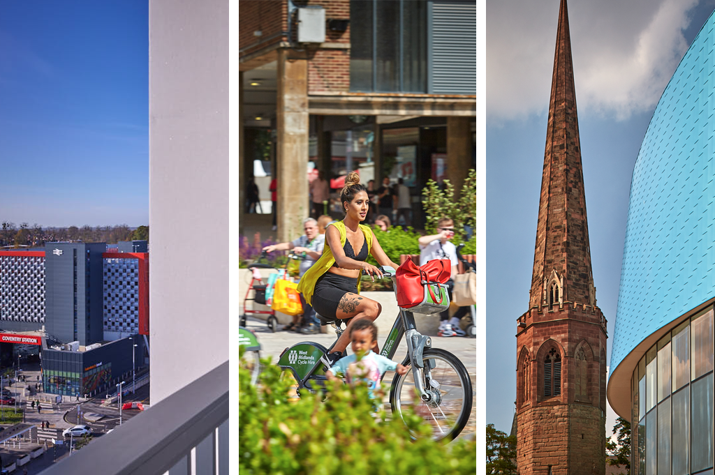 Lockup of images of Coventry including the view from ONE FRIARGATE towards Coventry Railway Station less than 2 minutes' walk away