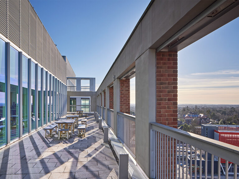 11th floor outdoor terrace at ONE FRIARGATE offices Coventry and view towards Coventry Railway Station