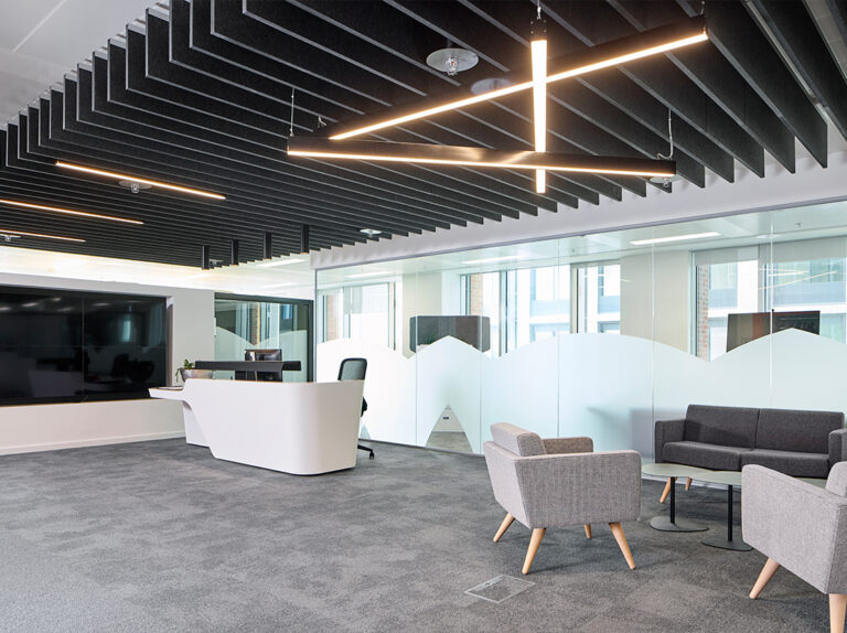 ONE FRIARGATE's 4th floor reception with welcome area, video wall, feature suspended ceiling and glazed meeting room